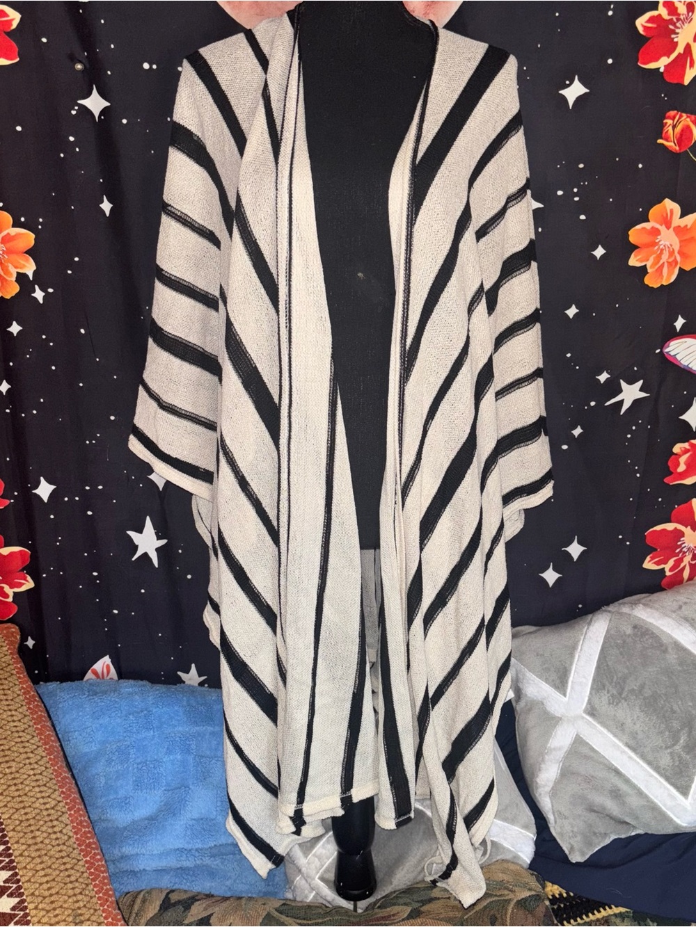 Black & Cream Striped Open Front No Sleeve Cardigan